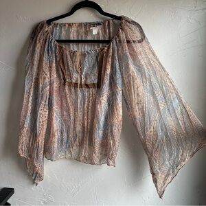 Sheer Paisley Bell Sleeve Blouse Forest Fairy Boho Cottagecore Top Brown &‎ Blue